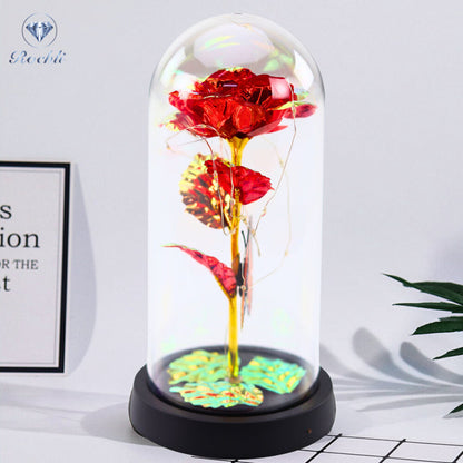 Věčná růže ve skleněné kopuli s LED osvětlením červená 21x11cm