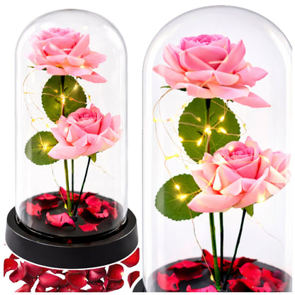 Věčné růže ve skleněné kopuli s LED osvětlením růžové 21x11cm