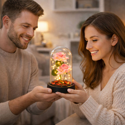 Věčné růže ve skleněné kopuli s LED osvětlením růžové 21x11cm