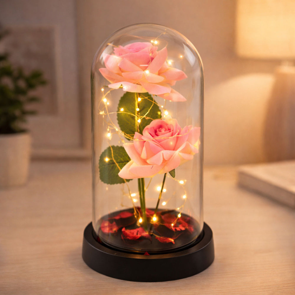 Věčné růže ve skleněné kopuli s LED osvětlením růžové 21x11cm