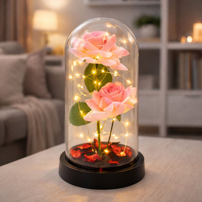 Věčné růže ve skleněné kopuli s LED osvětlením růžové 21x11cm