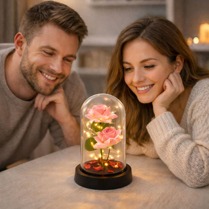 Věčné růže ve skleněné kopuli s LED osvětlením růžové 21x11cm