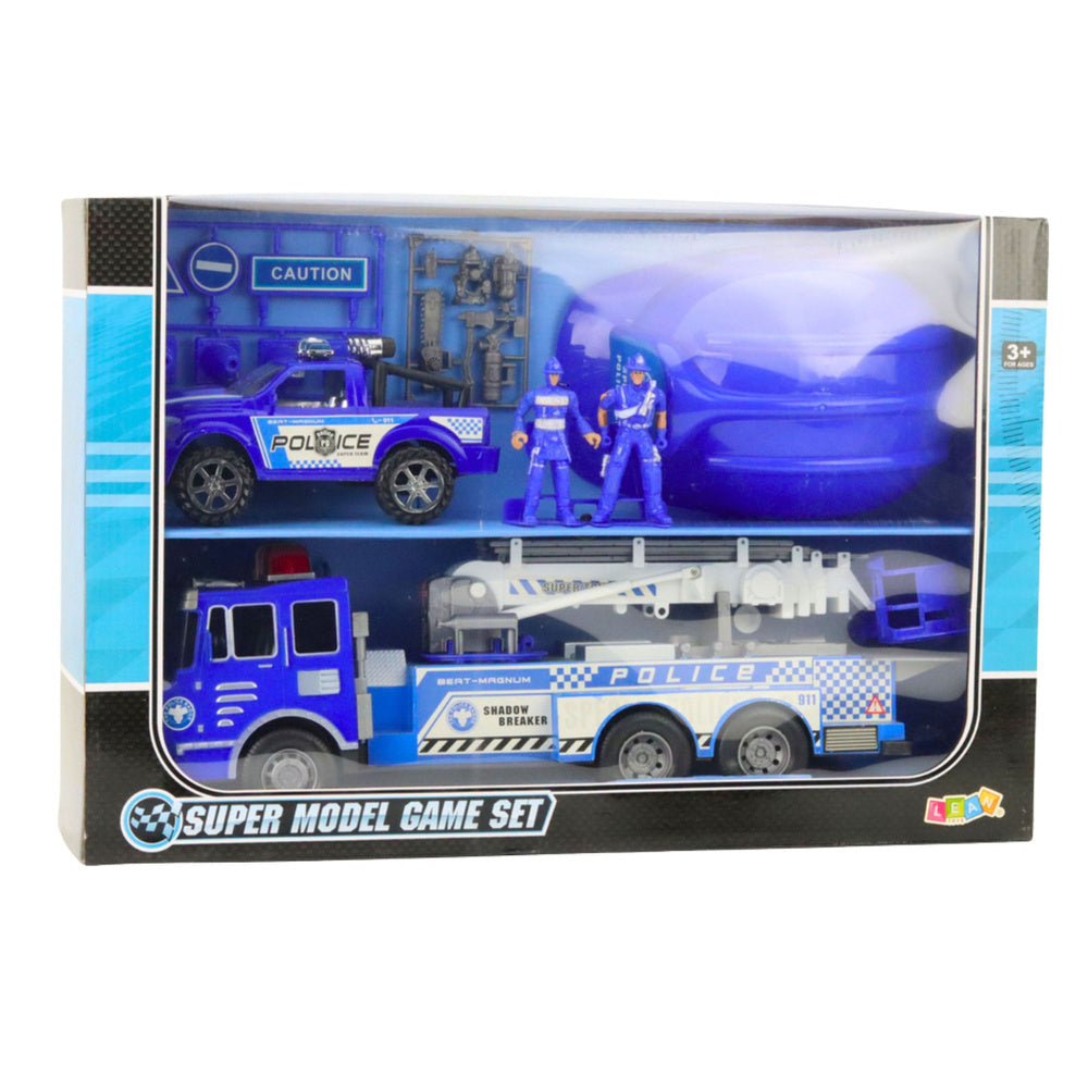 Velké policejní auto s figurkami a helmou pro děti – modrá