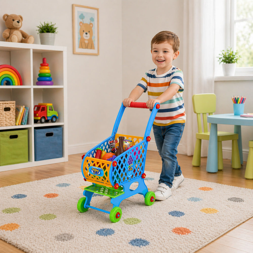 Velký nákupní vozík pro děti s potravinami modrý 52cm
