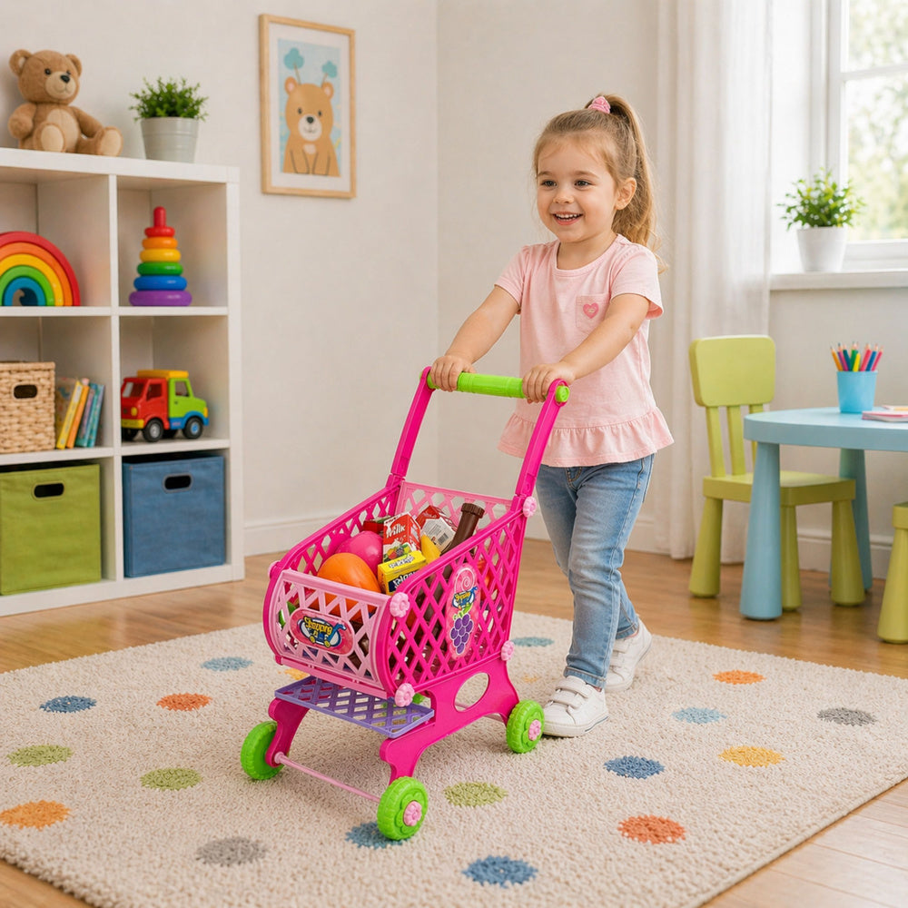 Velký nákupní vozík pro děti s potravinami – růžový 52 cm
