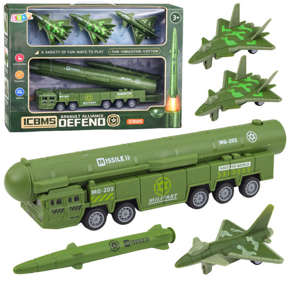 Vojenská sada kamion s letadly a motorovou raketovou vypalovačkou