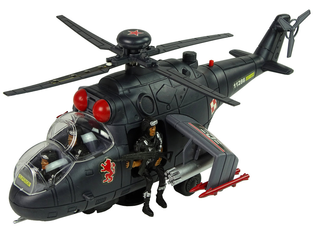 Vojenský helikopter s otočnými vrtulemi světly zvuky černý