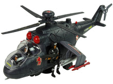 Vojenský helikopter s otočnými vrtulemi světly zvuky černý