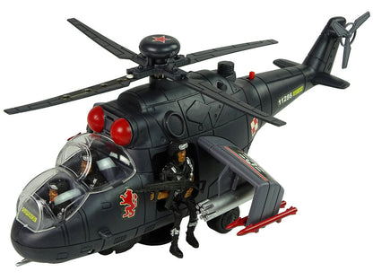 Vojenský helikopter s otočnými vrtulemi světly zvuky černý