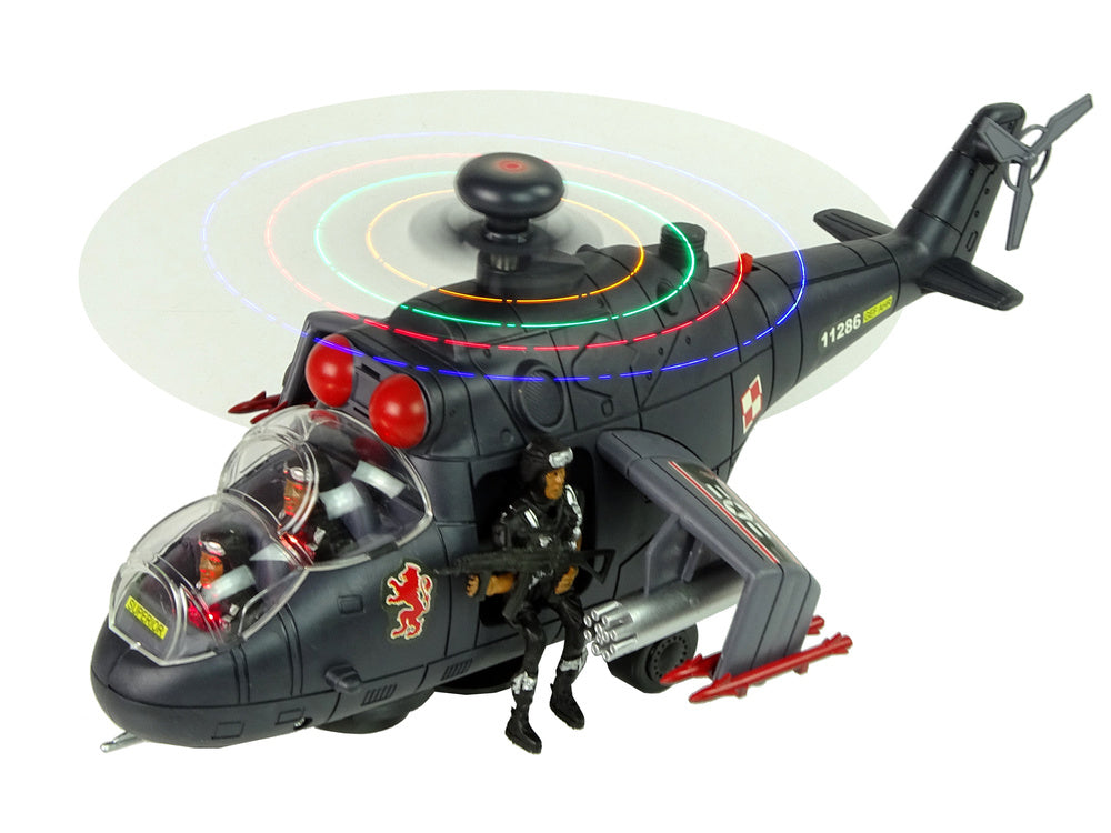 Vojenský helikopter s otočnými vrtulemi světly zvuky černý