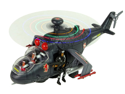 Vojenský helikopter s otočnými vrtulemi světly zvuky černý
