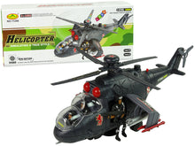 Vojenský helikopter s otočnými vrtulemi světly zvuky černý