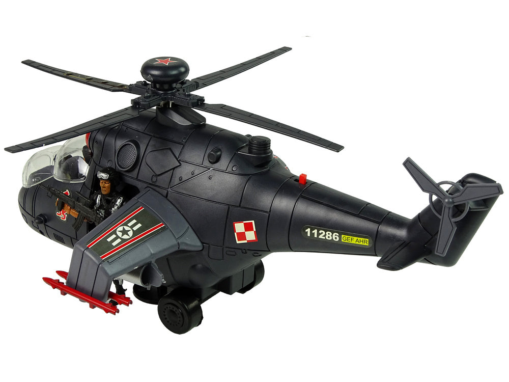 Vojenský helikopter s otočnými vrtulemi světly zvuky černý