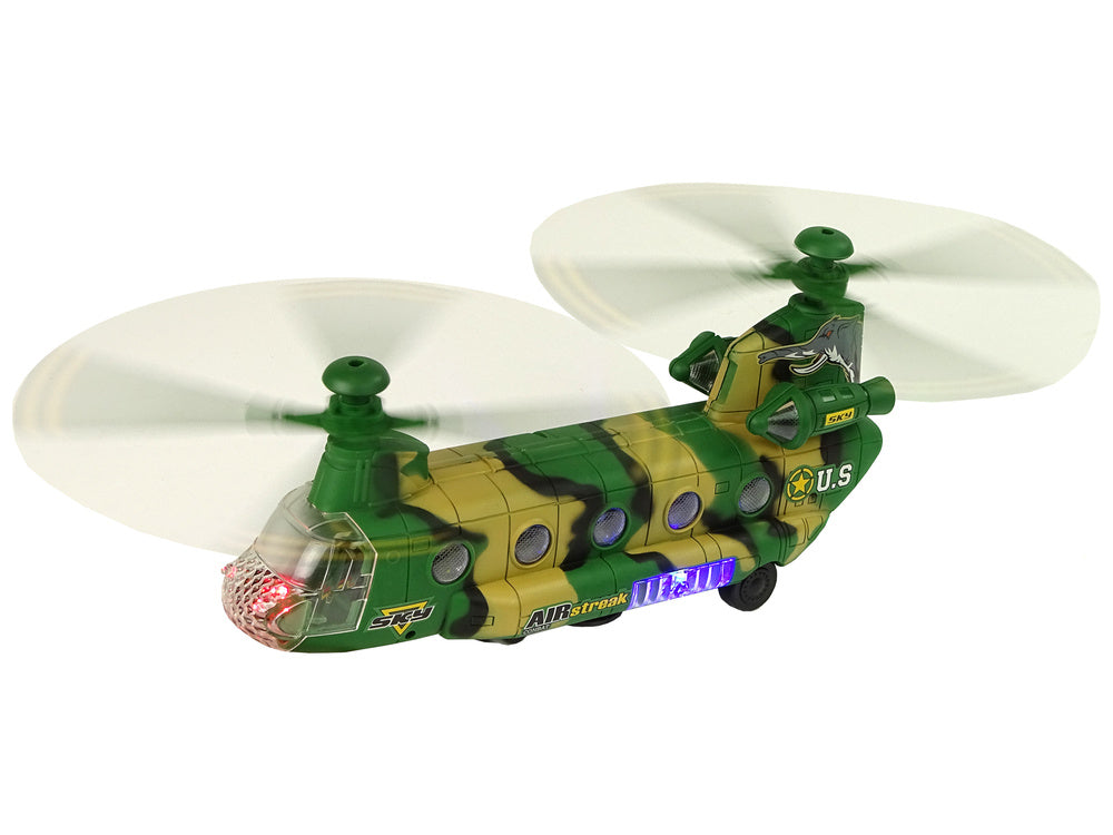 Vojenský helikoptér se světly a zvuky otáčející se moro