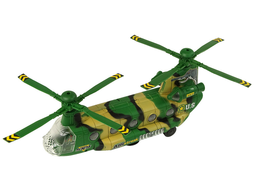 Vojenský helikoptér se světly a zvuky otáčející se moro