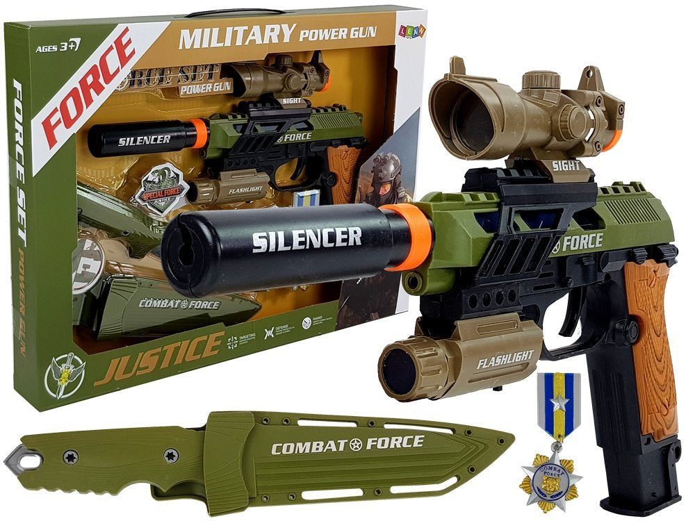 Vojenský set pistole nůž medaile zaměřovač se zvuky a světly