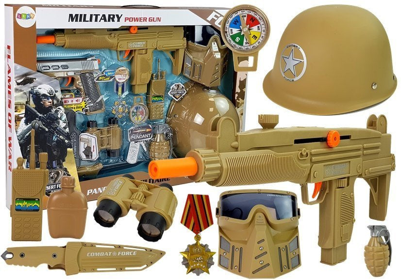 Vojenský set pistole s helmou maskou granátem a zvuky zelený