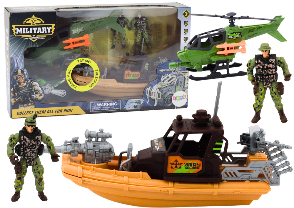 Vojenský set s bojovou lodí helikoptérou a vojáky se zvuky