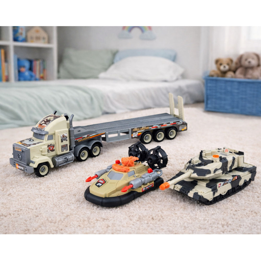 Vojenský set s kamionem, tankem a vznášedlem – 3 vozidla