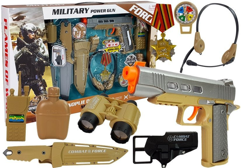 Vojenský set s pistolí nožem dalekohledem sluchátky píšťalkou vysílačkou světle zelený