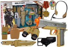Vojenský set s pistolí nožem dalekohledem sluchátky píšťalkou vysílačkou světle zelený