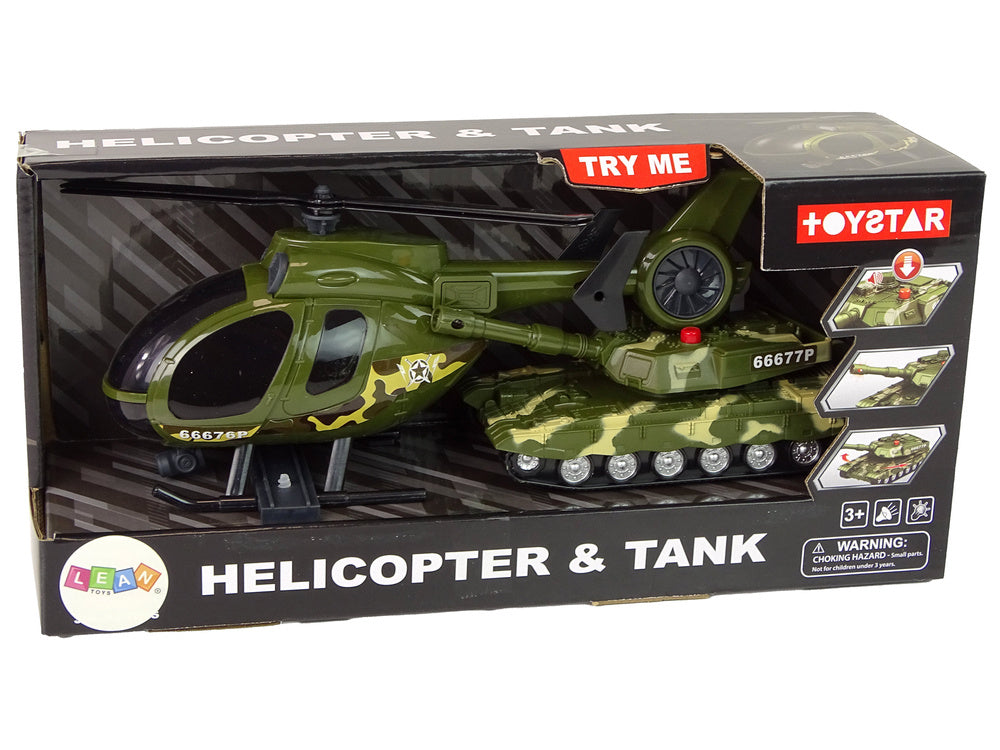 Vojenský tank s třecím pohonem a helikoptéra se světly a zvuky