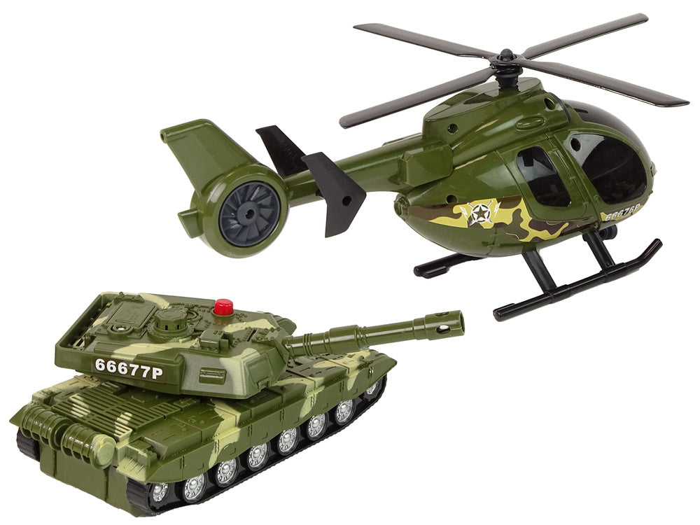 Vojenský tank s třecím pohonem a helikoptéra se světly a zvuky