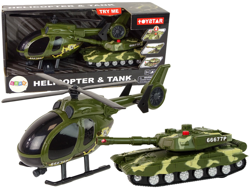 Vojenský tank s třecím pohonem a helikoptéra se světly a zvuky