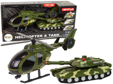 Vojenský tank s třecím pohonem a helikoptéra se světly a zvuky