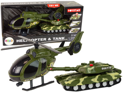 Vojenský tank s třecím pohonem a helikoptéra se světly a zvuky