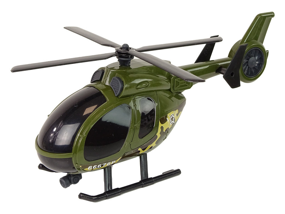 Vojenský tank s třecím pohonem a helikoptéra se světly a zvuky