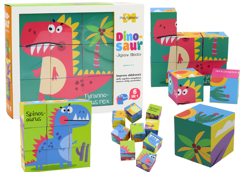 Vzdělávací puzzle kostky 6v1 s dinosaury – 9 dílků