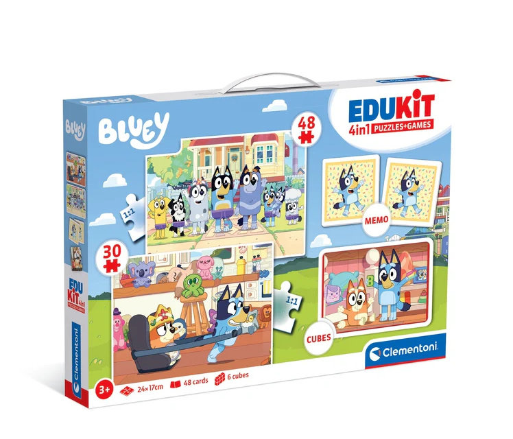 Vzdělávací sada puzzle, memo a kostky Bluey – Clementoni
