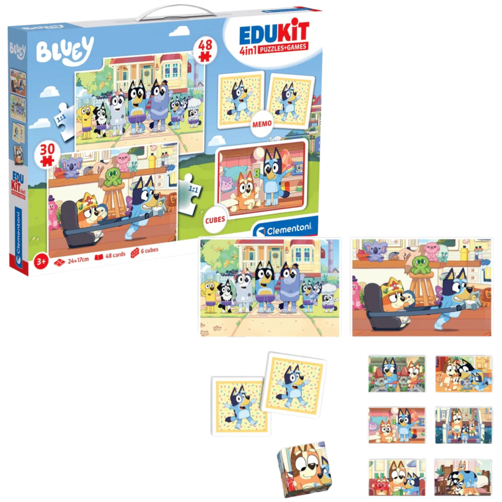Vzdělávací sada puzzle, memo a kostky Bluey – Clementoni