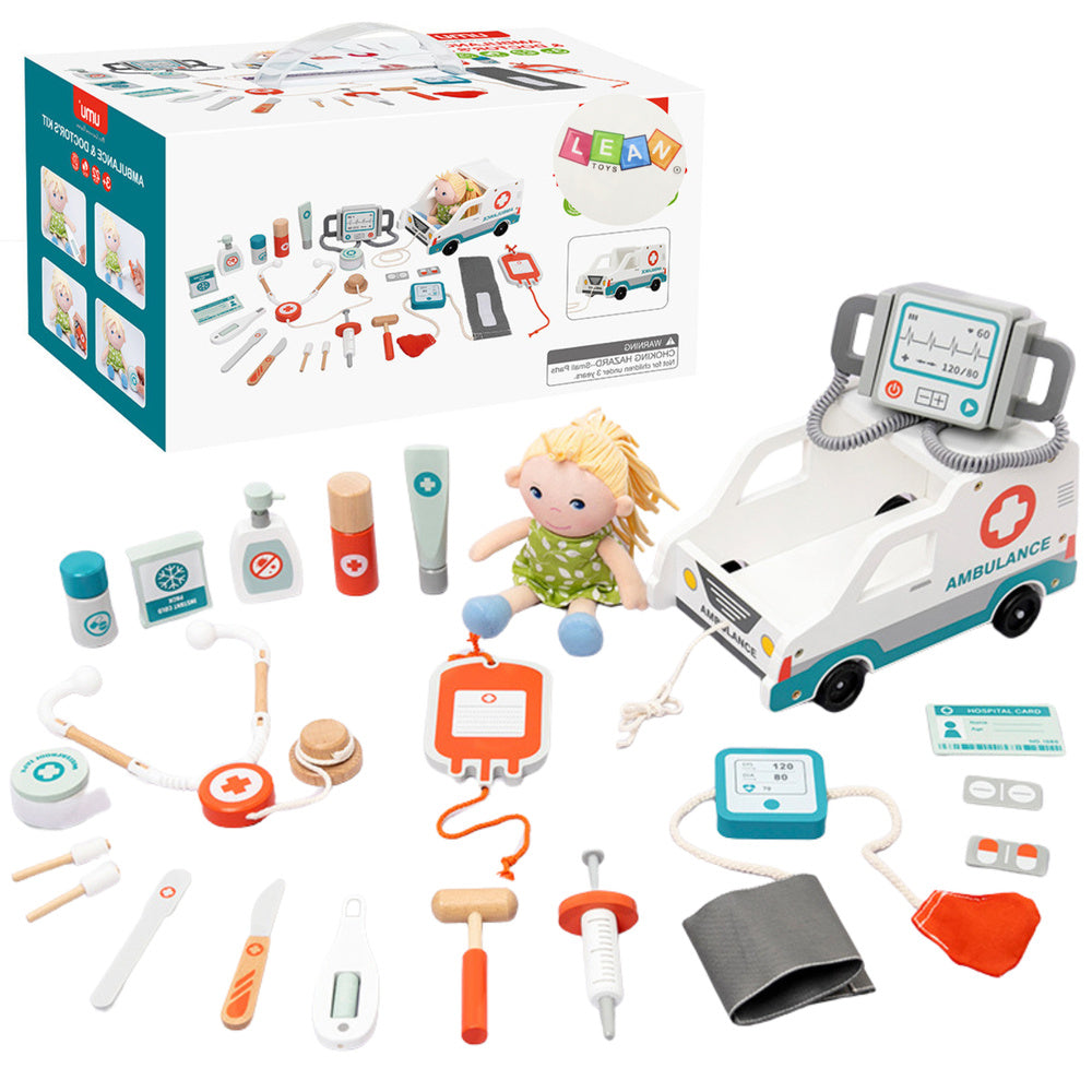 Záchranářský set dřevěný 22 dílů s defibrilátorem a sanitkou