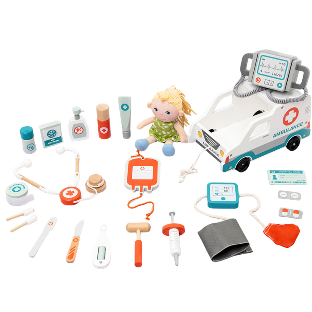 Záchranářský set dřevěný 22 dílů s defibrilátorem a sanitkou