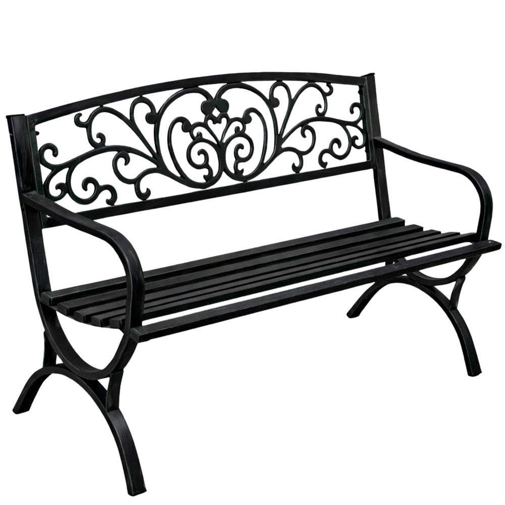 Zahradní lavice s opěradlem a dekorativním zdobením - černá 127 cm