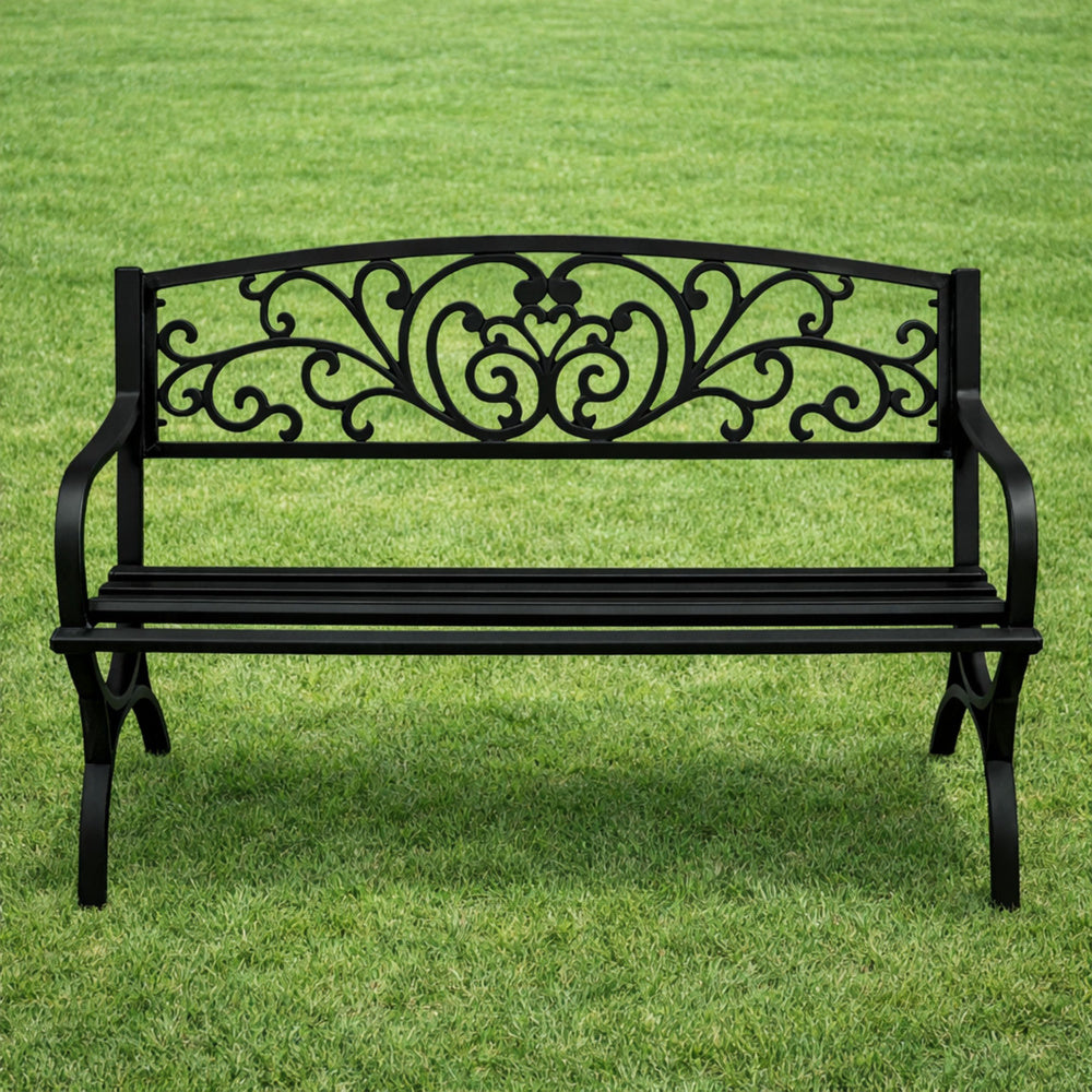Zahradní lavice s opěradlem a dekorativním zdobením - černá 127 cm