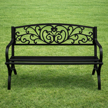 Zahradní lavice s opěradlem a dekorativním zdobením - černá 127 cm
