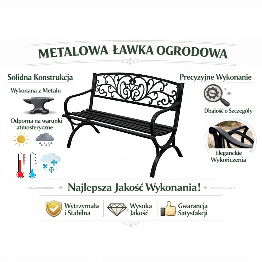 Zahradní lavice s opěradlem a dekorativním zdobením - černá 127 cm