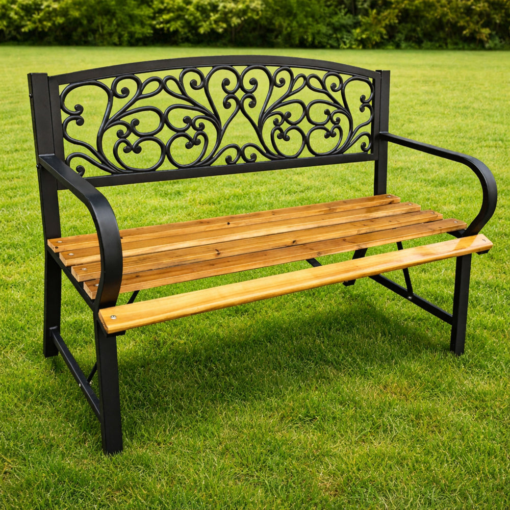 Zahradní lavička 118 cm s kovovým opěradlem a dřevěným sedákem