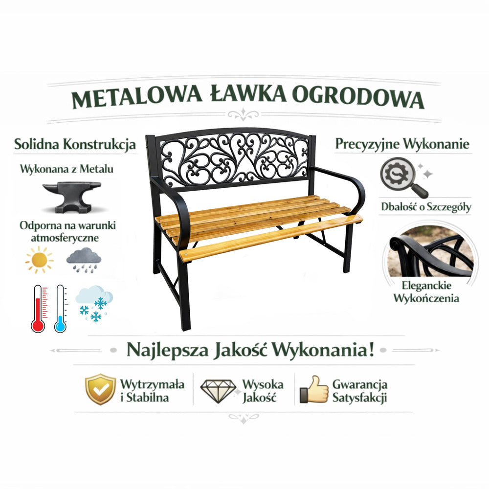 Zahradní lavička 118 cm s kovovým opěradlem a dřevěným sedákem