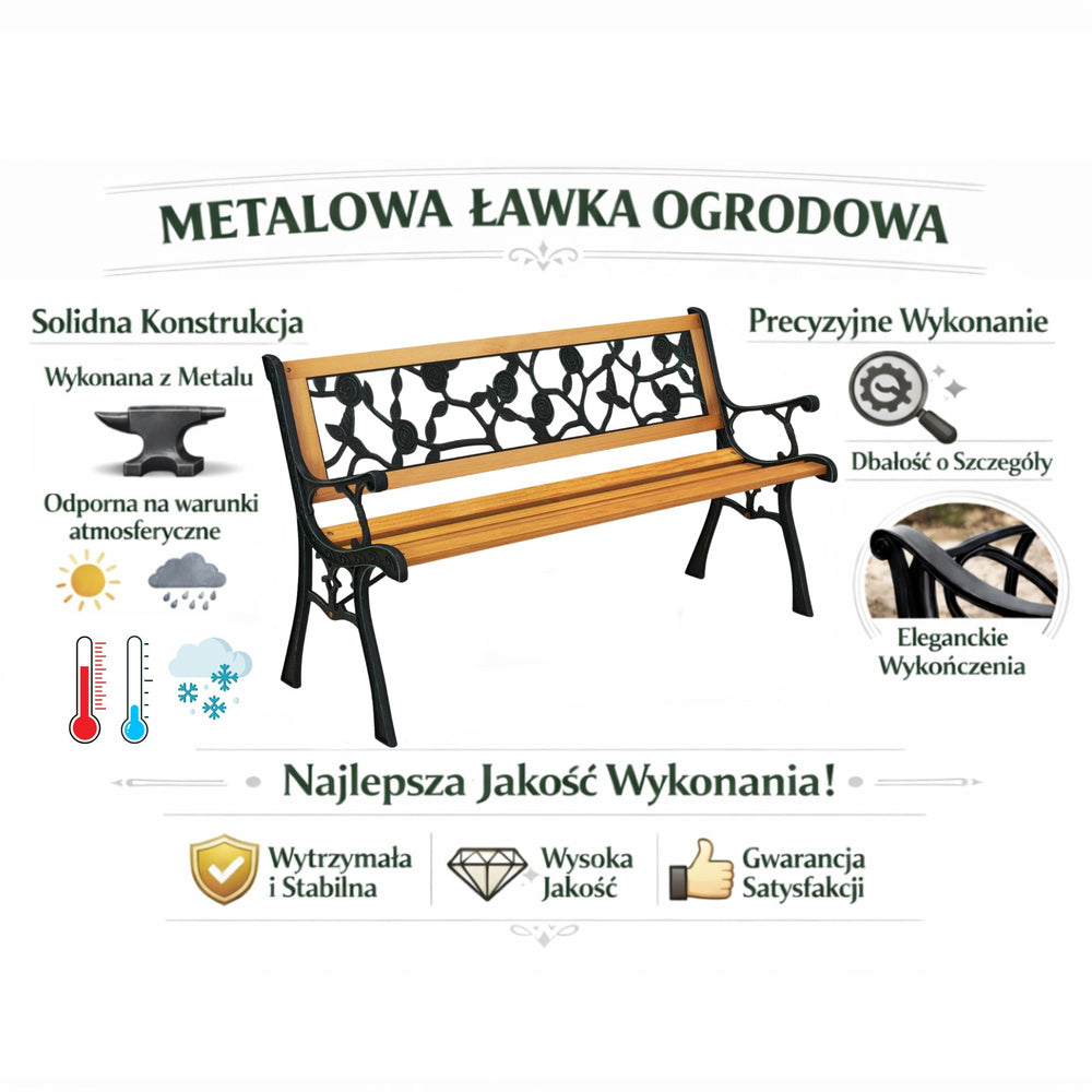 Zahradní lavička dřevěná s kovovým rámem a opěradlem