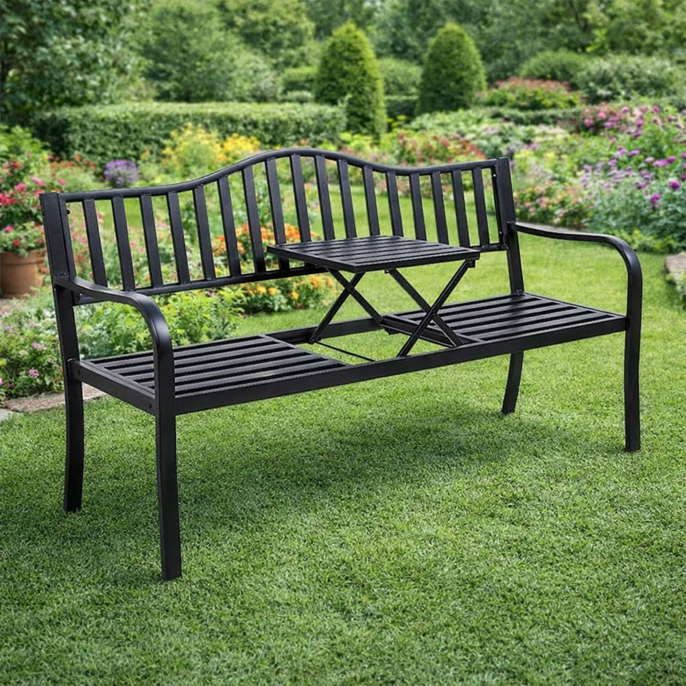 Zahradní lavička s opěradlem a stolkem černá 150 cm
