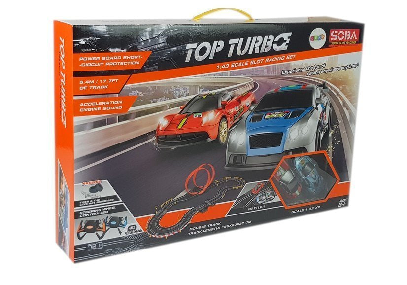 Závodní dráha 1:43 s 2 autíčky a ovladači Top Turbo 540 cm