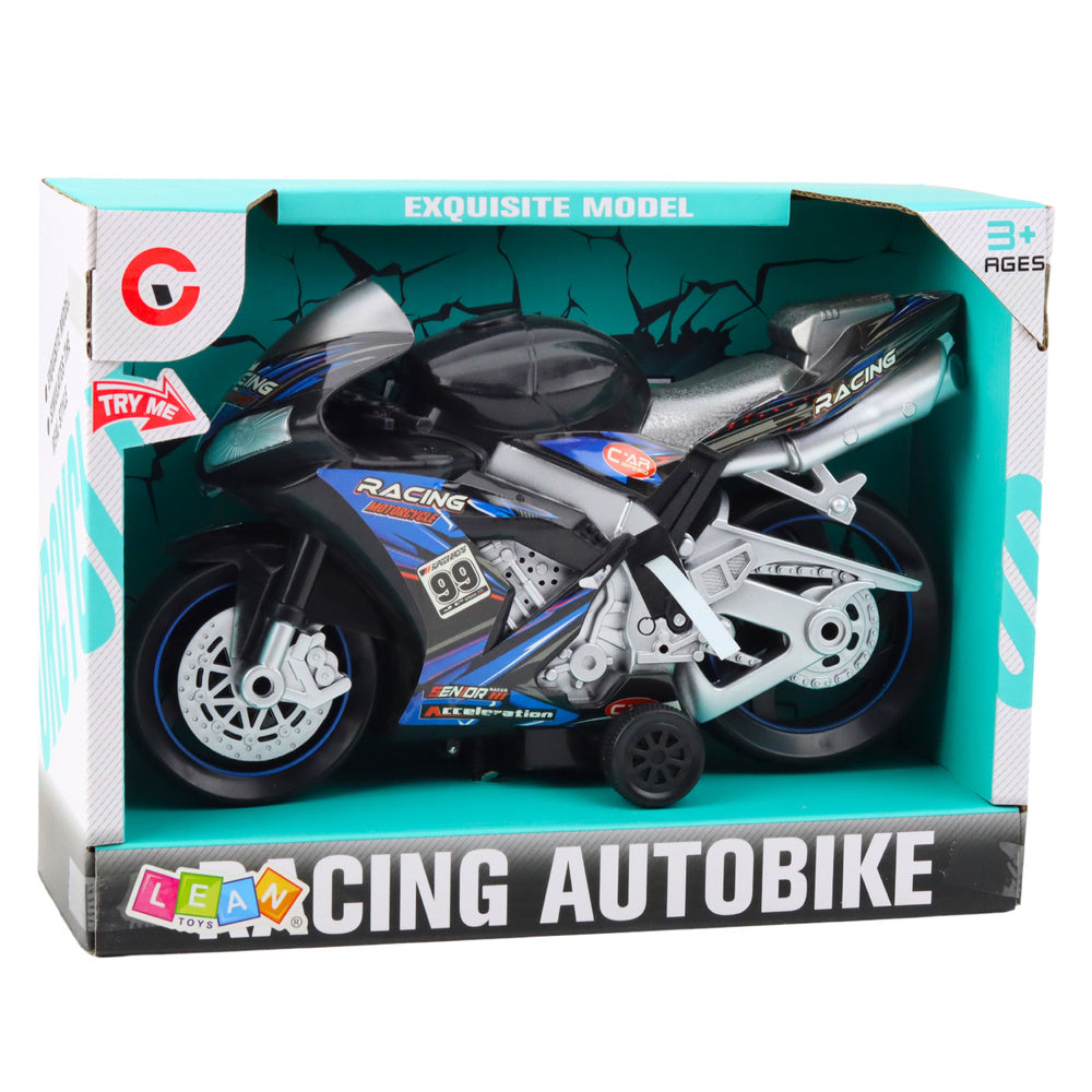 Závodní motocykl se světly a zvuky – černo modrý