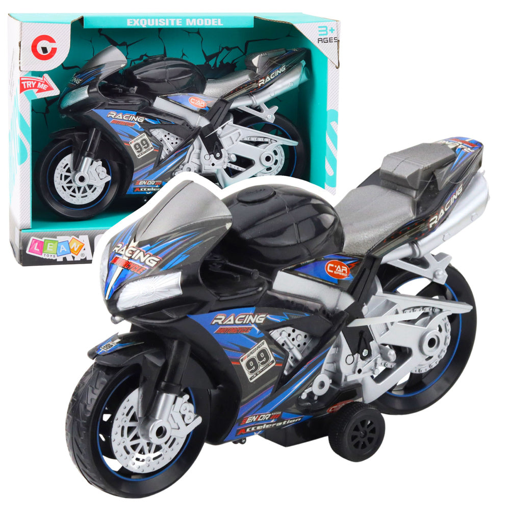Závodní motocykl se světly a zvuky – černo modrý