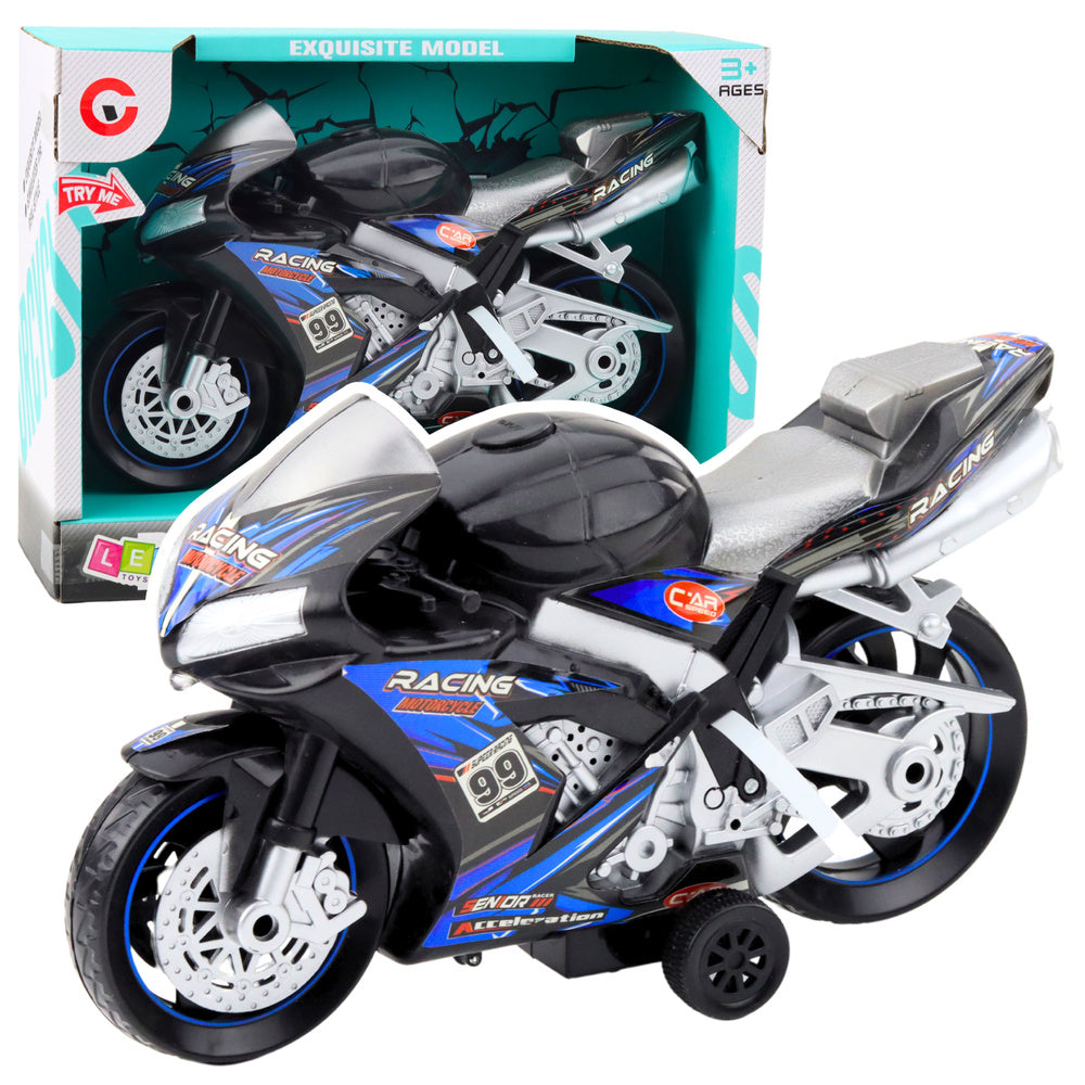 Závodní motocykl se světly a zvuky – černo modrý