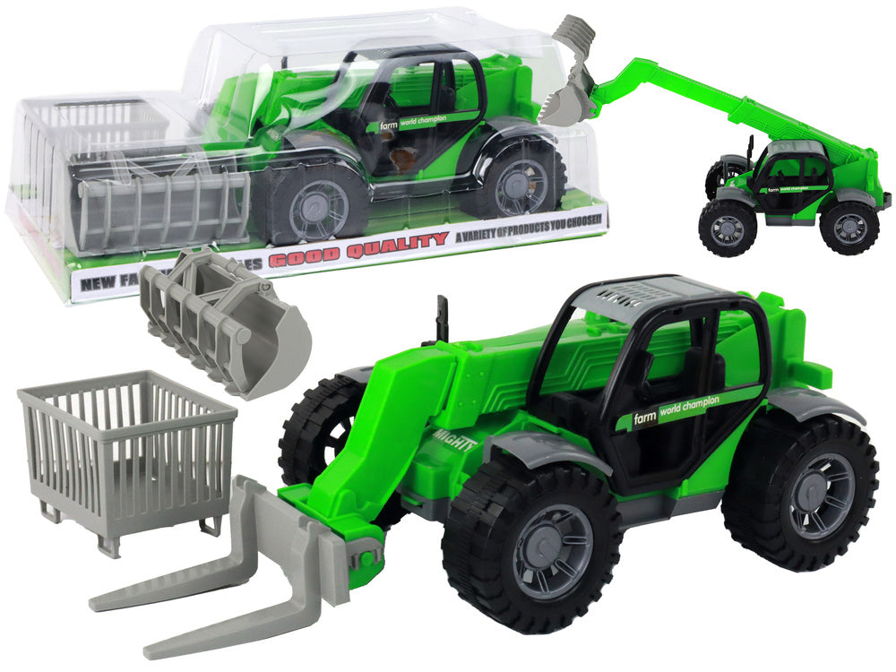 Zemědělský traktor s jeřábem – 3 nástavce | zelený